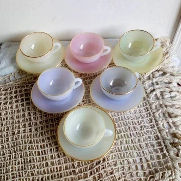 Vintage 60s Arcopal Harlequin Espresso Cups, Opaline Pastel, French Midcentury - Picture 1 of 16